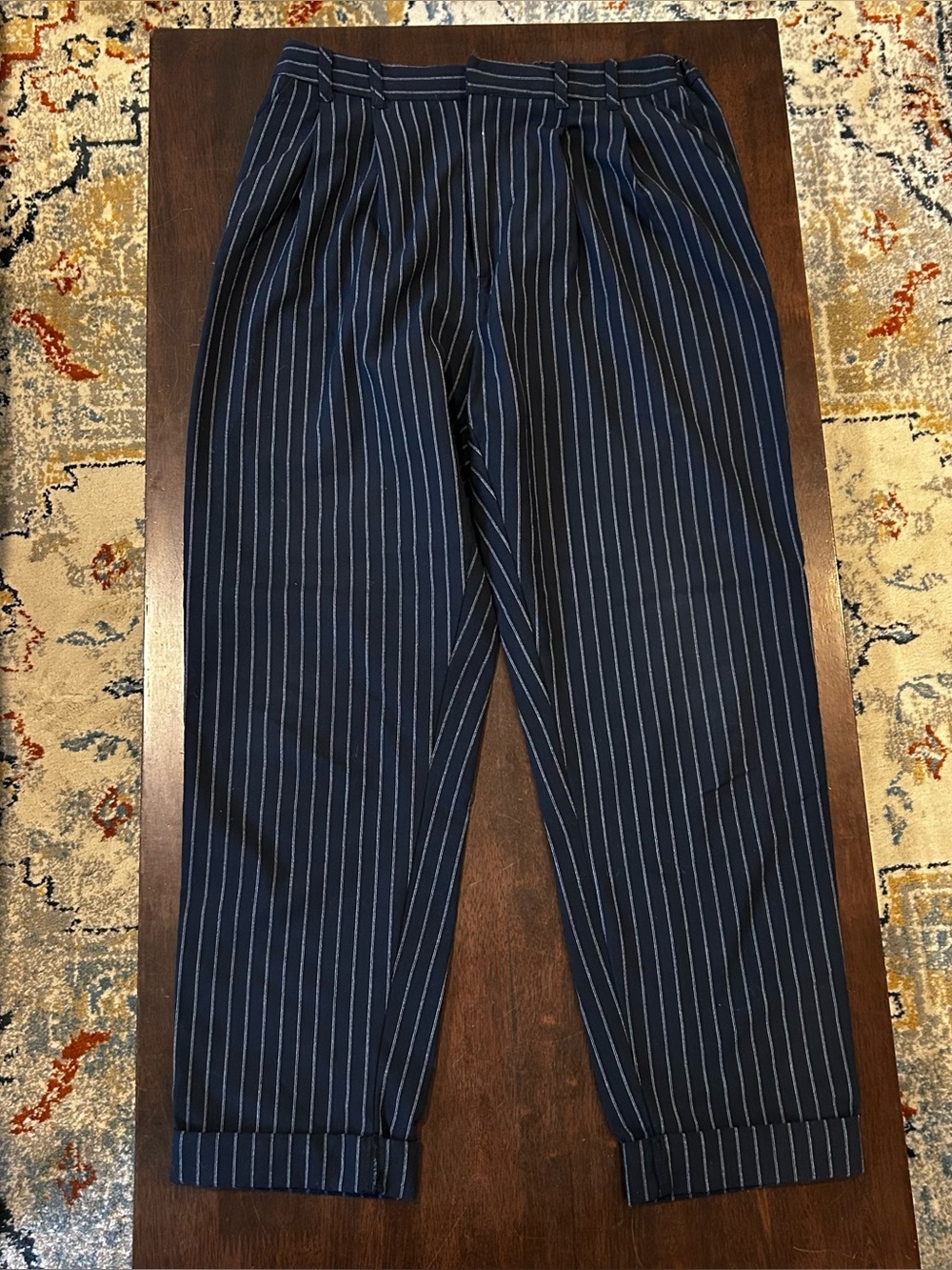 Navy Pinstripe Trousers